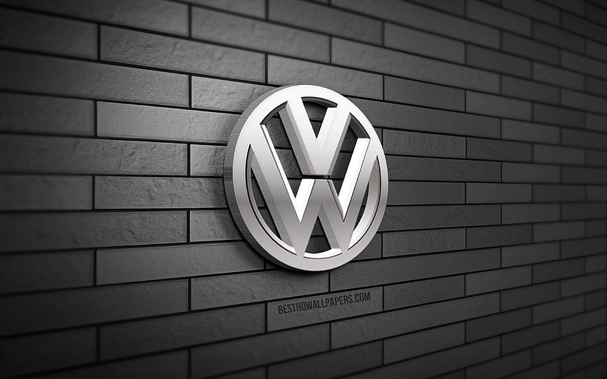 Volkswagen 3D лого, , VW лого, сива тухлена стена, творчески, марки автомобили, Volkswagen лого, Volkswagen метално лого, 3D изкуство, Volkswagen HD тапет
