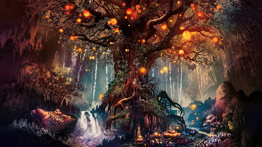 Fantasy tree, fantasy, lights, luminos, lantern, orange, forest, tree HD wallpaper