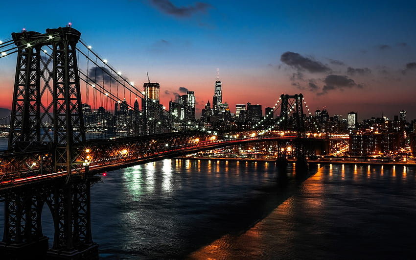Manhattan Bridge, New York, sera, tramonto, skyline di Manhattan, grattacieli, Manhattan, World Trade Center 1, skyline di New York, USA, paesaggio urbano di New York Sfondo HD
