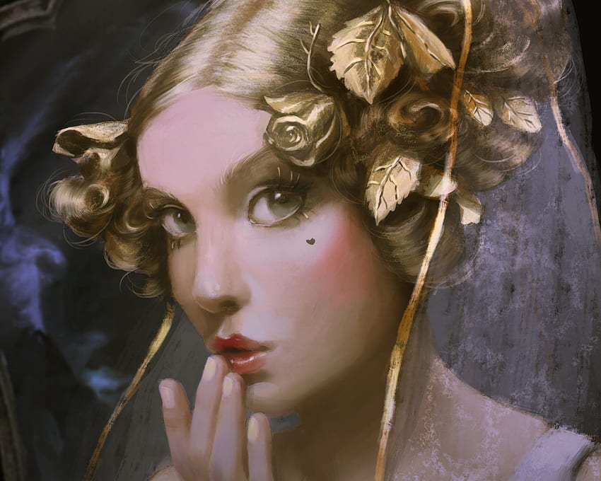 Cupido, golden, fantasy, art, yellow, face, girl, luminos, giih HD wallpaper