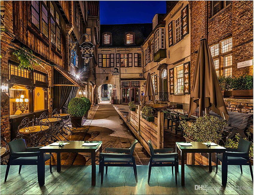 3D Custom European Cafe City Street Bar Restaurant HD wallpaper