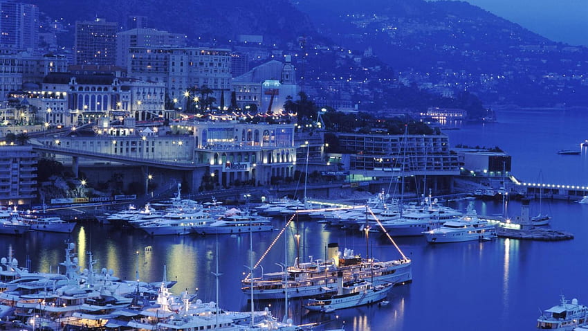 夕暮れ時のモナコ港、都市、マリーナ、夕暮れ、港、ヨット 高画質の壁紙