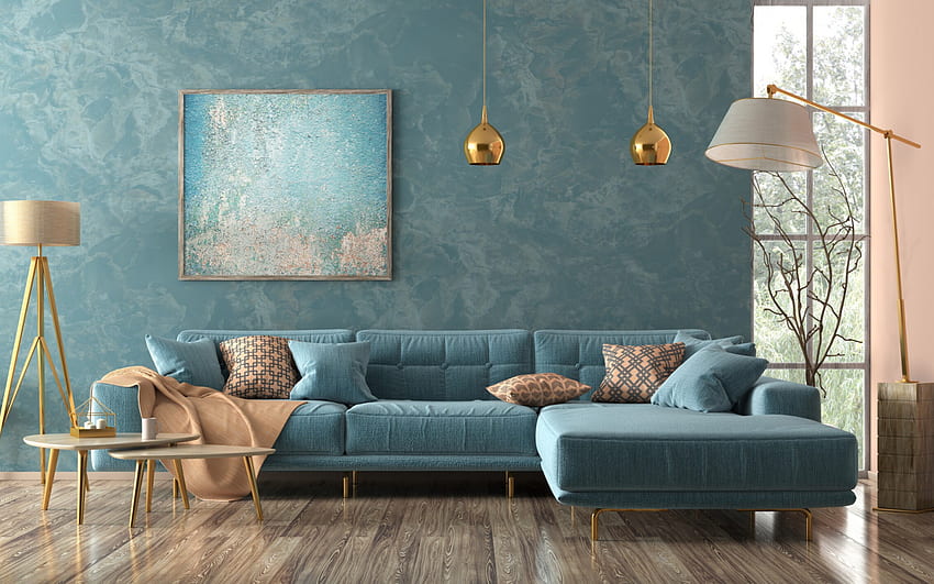 хол, сини стени в хола, стилен интериорен дизайн, син диван в хола, златни метални лампи, идея за хола HD тапет