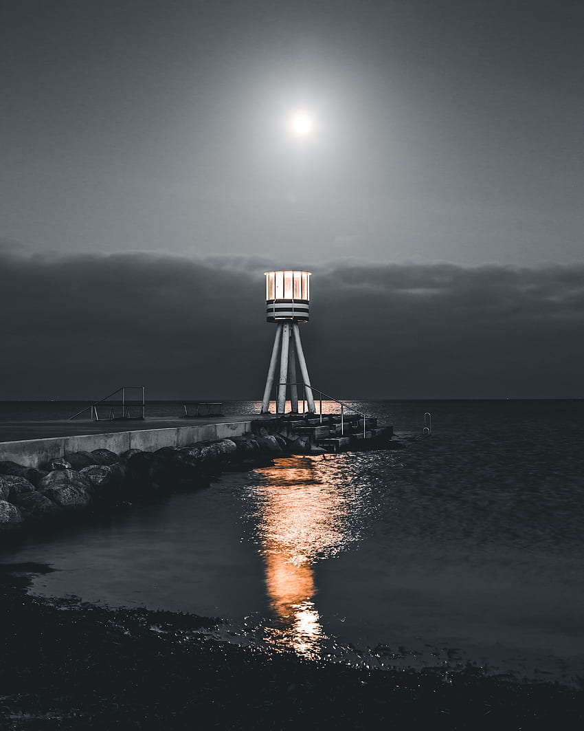 Natur, Wasser, Steine, Meer, Nacht, Pier, Leuchtturm HD-Handy-Hintergrundbild