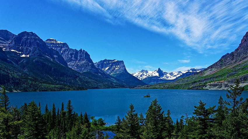 세인트 메리 호수, 빙하 국립 공원, 몬태나, 구름, 나무, 미국, 하늘, 산 HD 월페이퍼