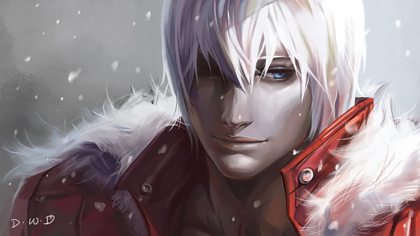 Dante, games, blue eyes, jacket, dmc, fur, lone, anime, snow, devil may cry, white hair, video games, trench coat, male, solo HD wallpaper