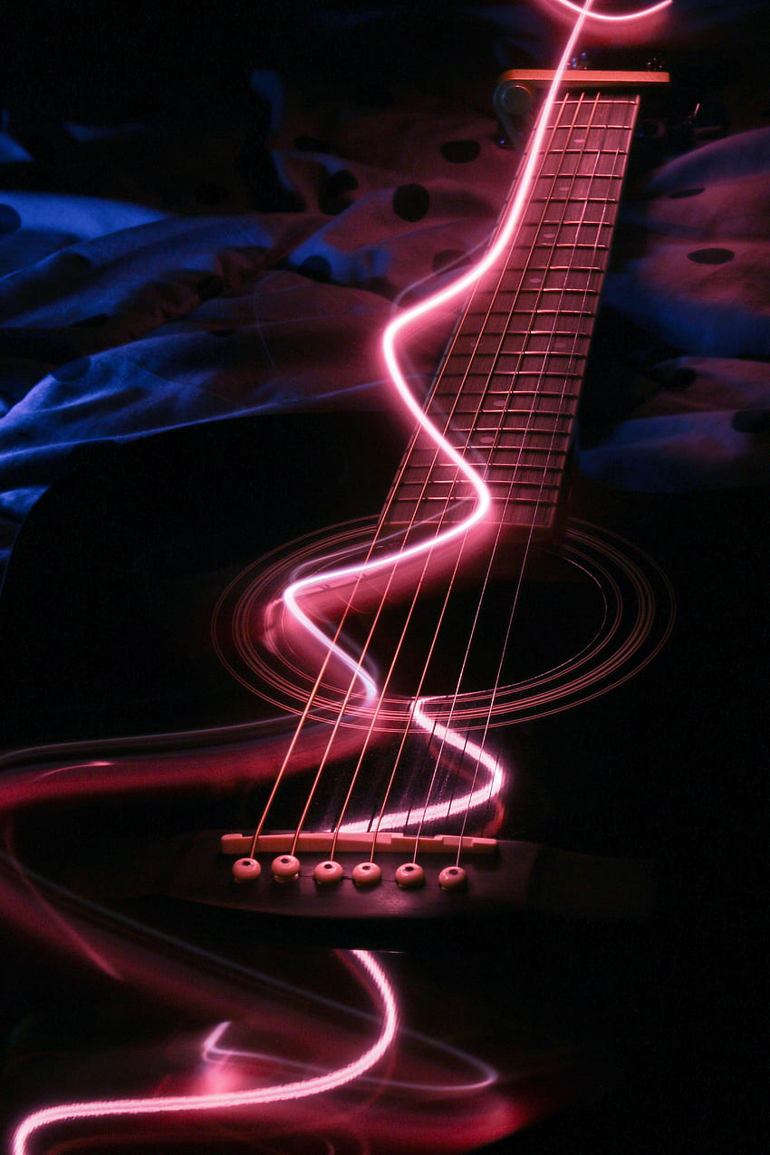 Musica, neon, retroilluminazione, illuminazione, chitarra, strumento musicale Sfondo del telefono HD