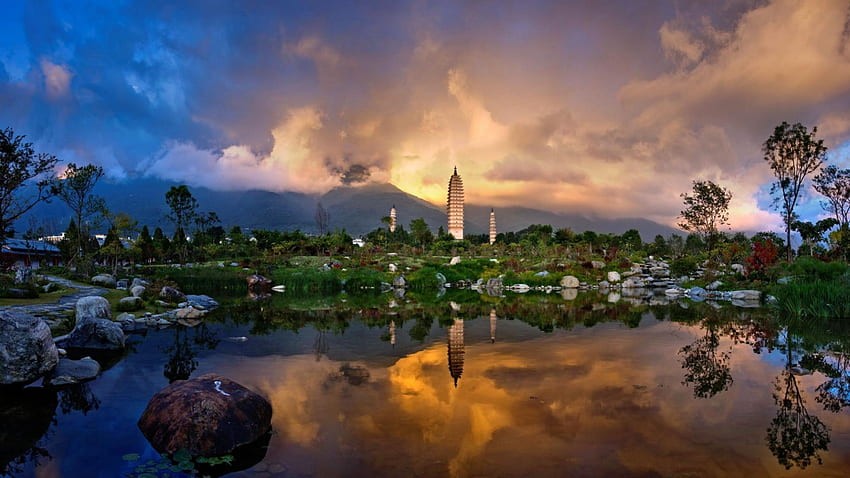 중국 윈난성 사원 정원, 구름, 산, 정원 사원, 연못 HD 월페이퍼