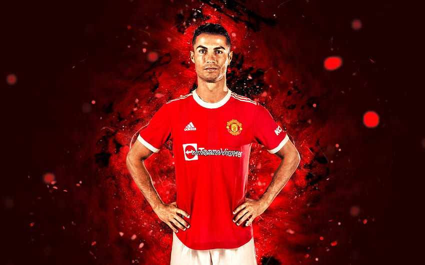 Hristiyan Ronaldo Manchester United, 2021, CR7, kırmızı neon ışıklar, futbol yıldızları, Premier Lig, Portekizli futbolcular, futbol, ​​Manchester United FC, Cristiano Ronaldo, CR7 Man United, Cristiano Ronaldo HD duvar kağıdı