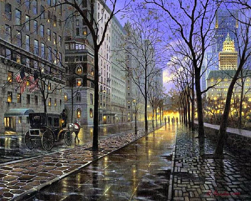 Sergei Yaralov - Fifth Avenue, Nova York, chuva, pintura, sergei yaralov, arte, nova york, construção papel de parede HD
