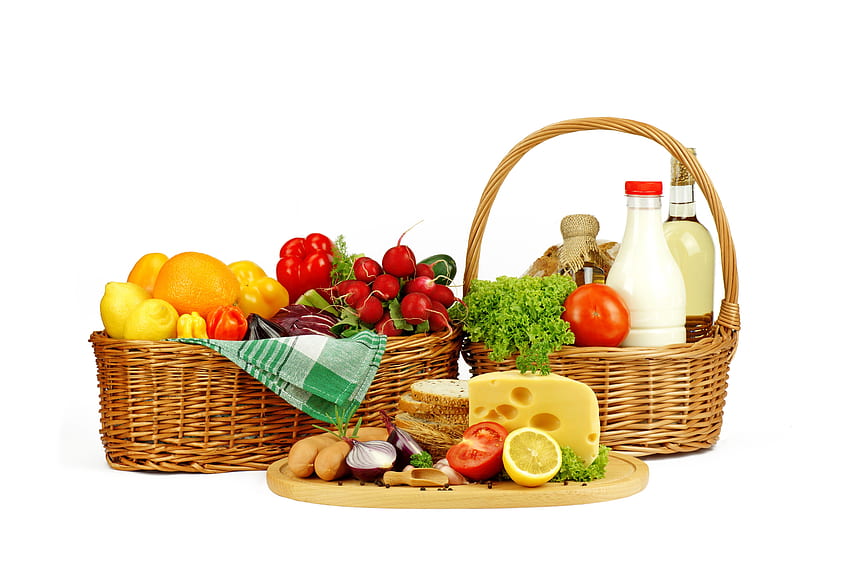 *** Viel Essen ***, Milch, Körbchen, Gemüse, Obst, Käse, Essen HD-Hintergrundbild