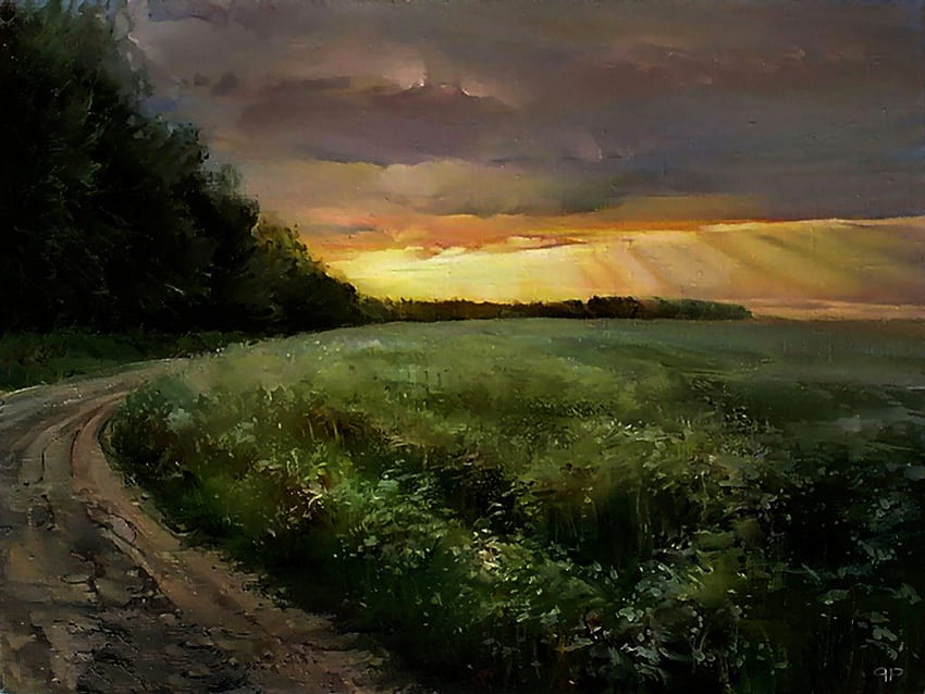 Sunset Over Pastures F, 삽화, 풍경, 시골 길, 회화, 미술, 풍경, 목초지, 일몰 HD 월페이퍼