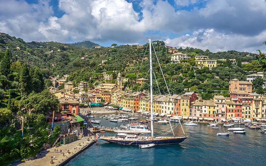 Portofino, summer, resort, Liguria, yacht, sailboat, Portofino panorama, Marina di Portofino, Mediterranean sea, coast, Portofino cityscape, Italy HD wallpaper