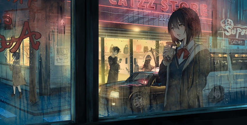 Anime Regen City Light Girl. HD-Hintergrundbild