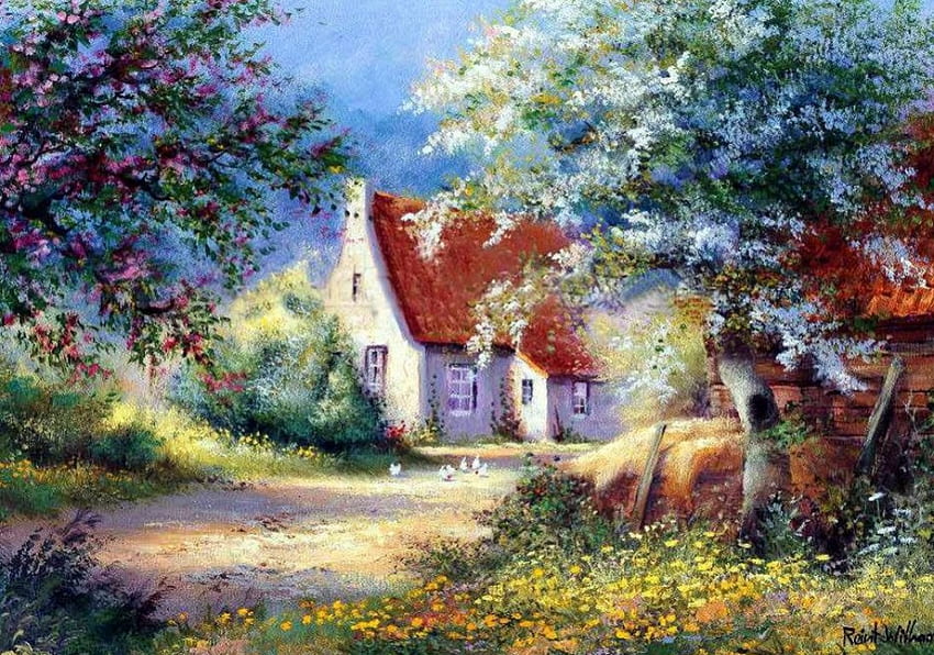 Summer Cottage, artwork, painting, blossoms, house, trees, flowers HD wallpaper