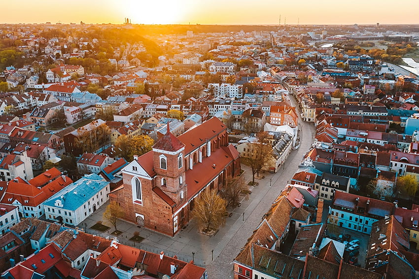 Lithuania Kaunas old town sunrise and sunset From above HD wallpaper