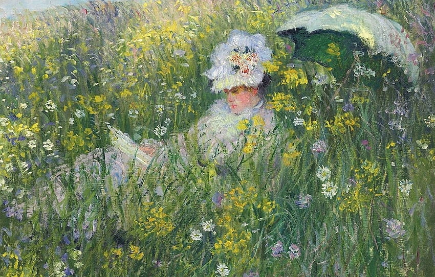 Summer, monet, hat, white, art, parasol, grass, girl, painting, flower, yellow, field, pictura, vara HD wallpaper