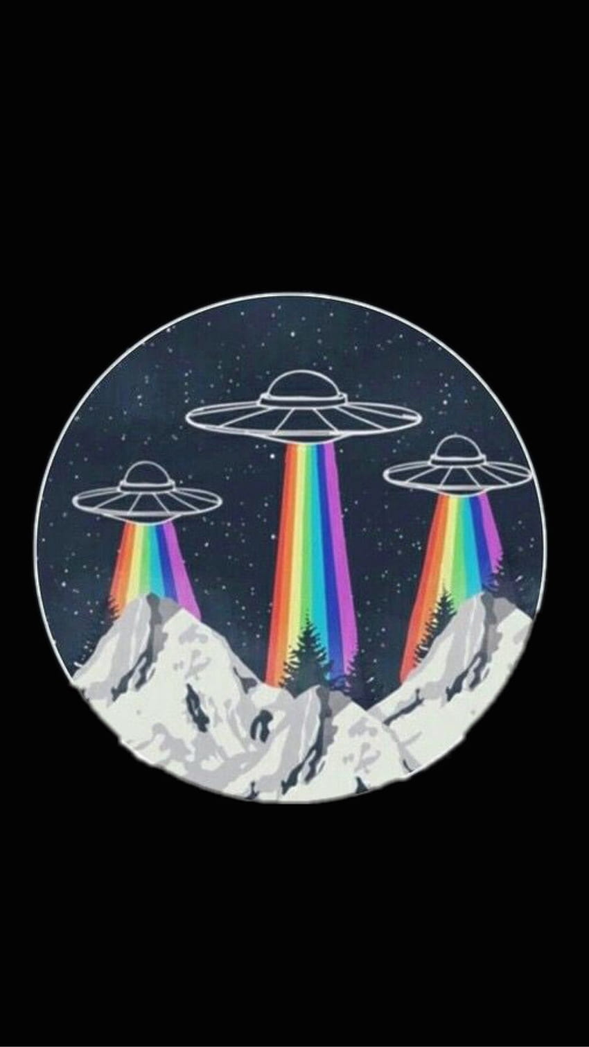 Schwarzer Lockscreen / / Hintergrund Ästhetisches Raumschiff Alien Circle Rainbow. Regenbogen, ästhetischer Raum, Regenbogenästhetik, süßes UFO HD-Handy-Hintergrundbild