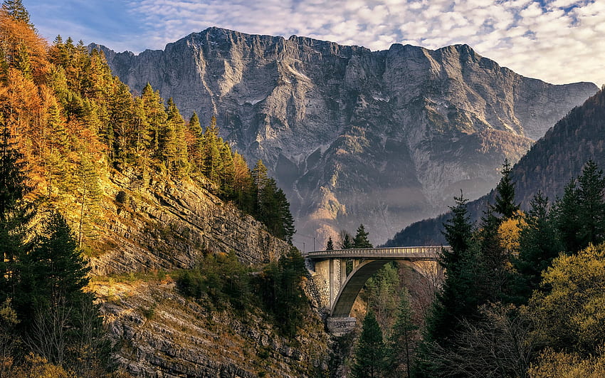 Julian Alps, evening, sunset, mountain landscape, bridge, mountains, Alps, Triglav National Park, Slovenia HD wallpaper