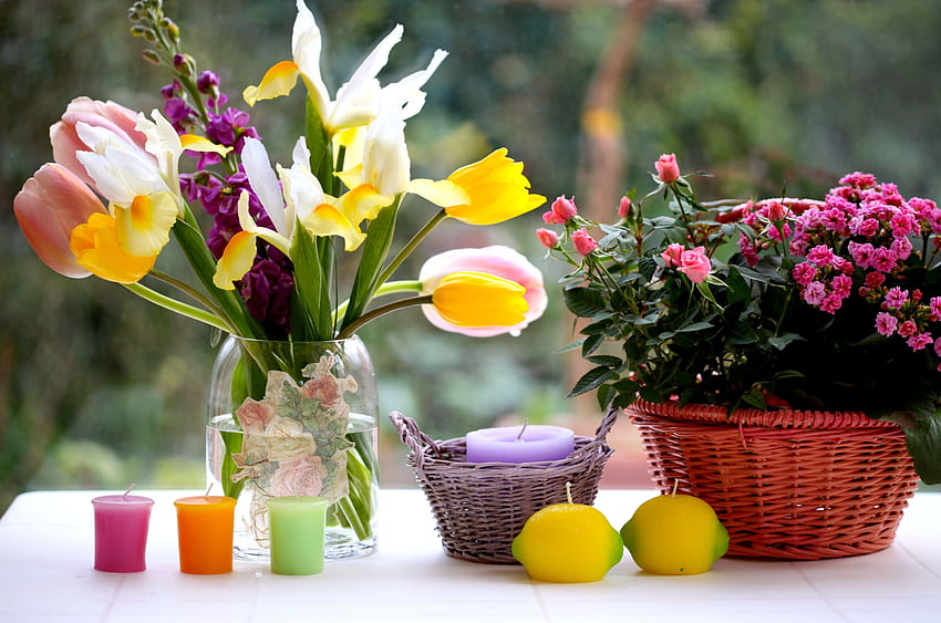 Flowers, Roses, Tulips, Bouquets, Candles, Vase, Basket, Irises HD wallpaper