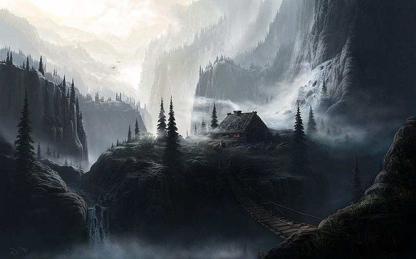 Lanskap rumah-rumah gelap menjembatani seni fantasi karya seni air terjun, Amazing Dark Art Wallpaper HD