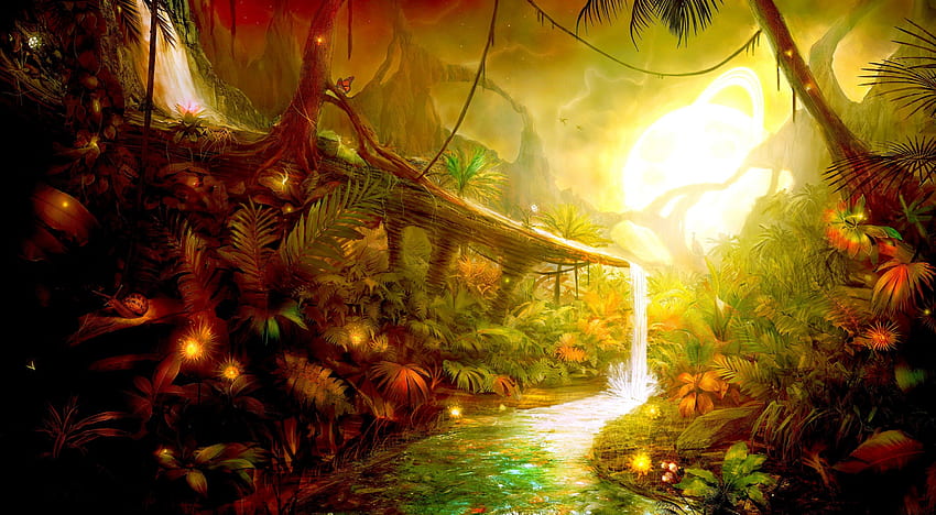 JUNGLE PARADISE, riacho, cachoeiras, caracol, Pandora, Avatar, planeta, borboleta, árvores, selva papel de parede HD