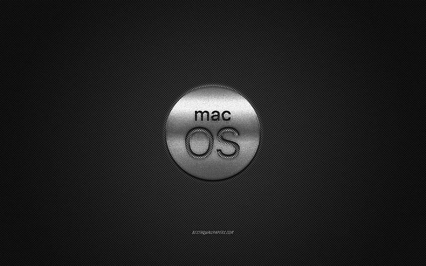 logotipo MacOS, logotipo brilhante prateado, emblema de metal MacOS, textura de fibra de carbono cinza, MacOS, marcas, arte criativa papel de parede HD