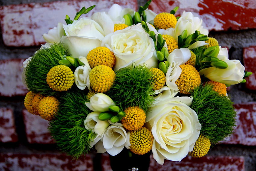 bouquet, bianco, bouquet, fiore bianco, matrimoni, fiore verde, fiore giallo, matrimonio, fiore, verde, giallo, fiori verdi, fiori, fiori gialli, fiori bianchi Sfondo HD
