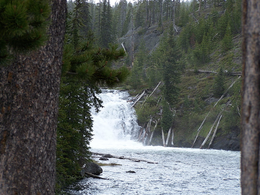 Air terjun di belakang formasi batuan Yellowstone Barat, Air Terjun, Pemandangan, Taman Nasional, Pegunungan Wallpaper HD