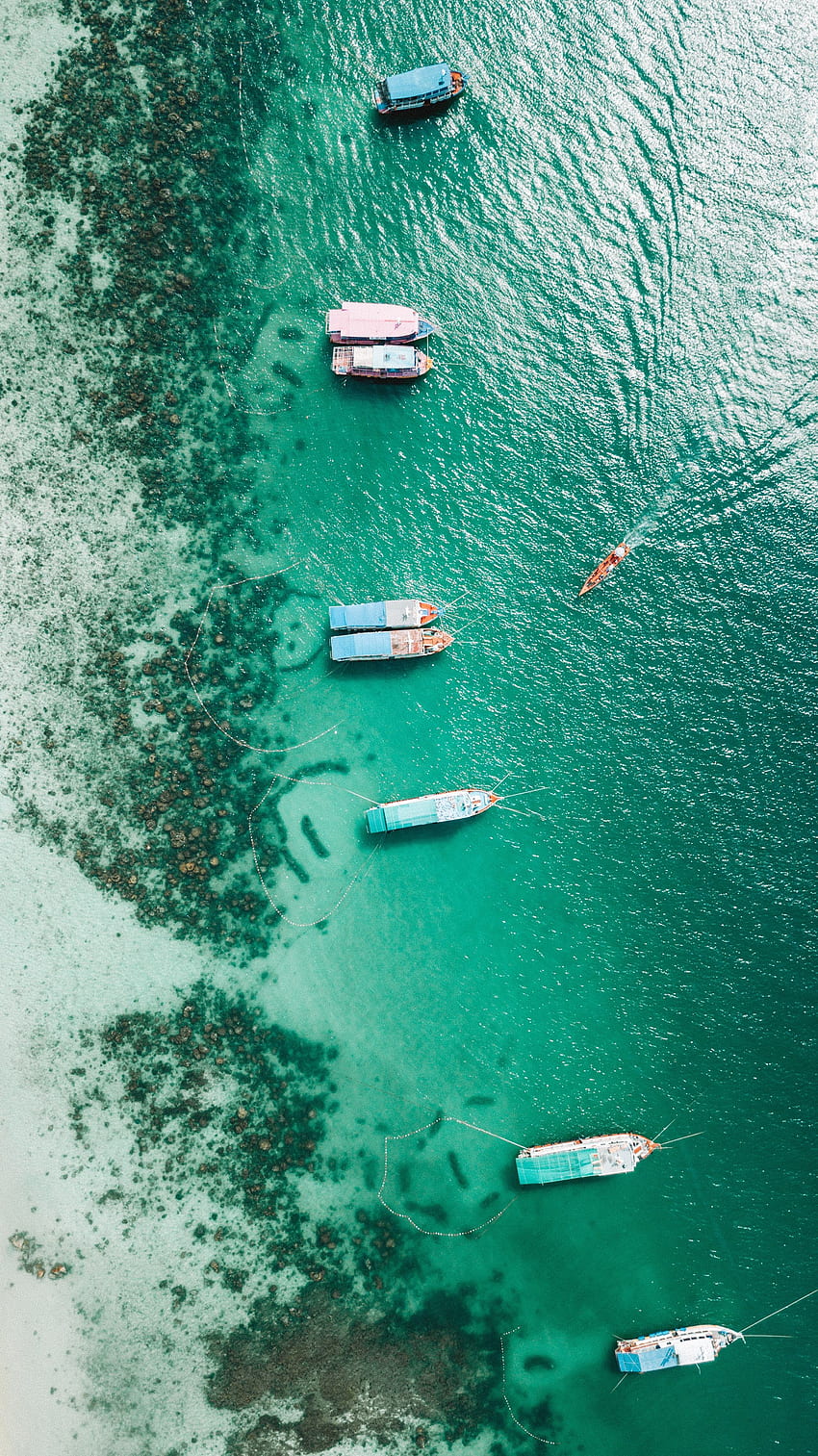 Nature, Boats, Shore, Bank, Ocean, Stranded, Shallow, Moored, Aerial View HD phone wallpaper