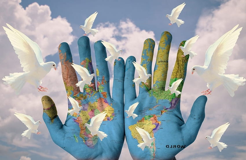 paz mundial, mundo, manos, blanco, palomas, paz fondo de pantalla