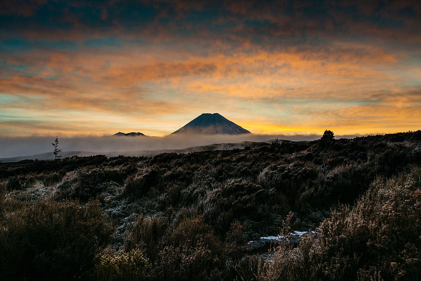 Landscape, Nature, Twilight, Mountain, Fog, Dusk, Volcano HD wallpaper