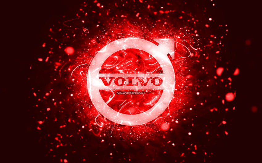 Volvo red logo, , red neon lights, creative, red abstract background, Volvo logo, cars brands, Volvo HD wallpaper