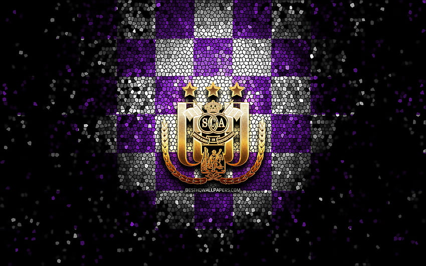 RSC Anderlecht, logo scintillant, Jupiler Pro League, fond violet à carreaux blancs, football, club de football belge, logo d'Anderlecht, art de la mosaïque, football, Anderlecht FC Fond d'écran HD