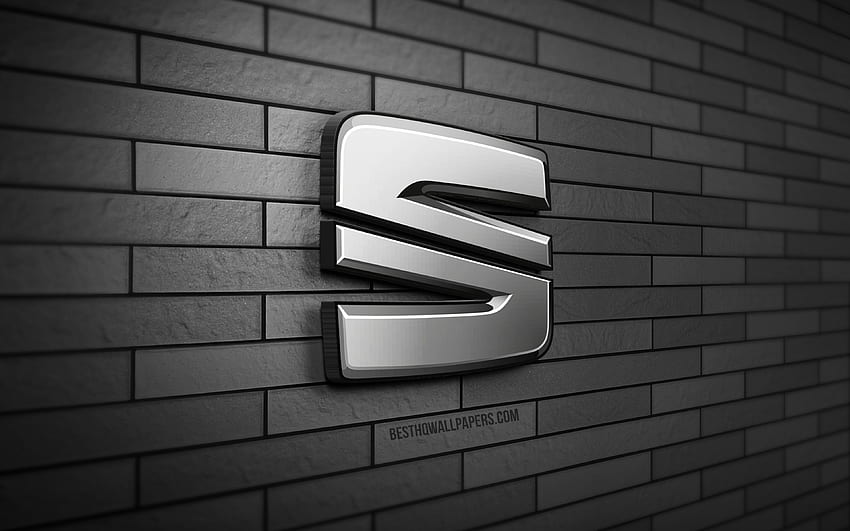 Seat 3D лого, , сива тухлена стена, творчески, марки автомобили, Seat лого, Seat метално лого, 3D изкуство, Seat HD тапет