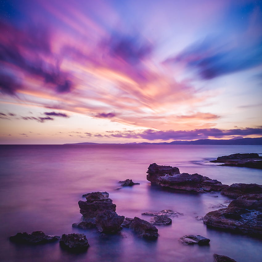 Seascape , Sunset, Horizon, Purple, Ocean, Rock formations, Nature, Purple Ocean Sunset HD phone wallpaper
