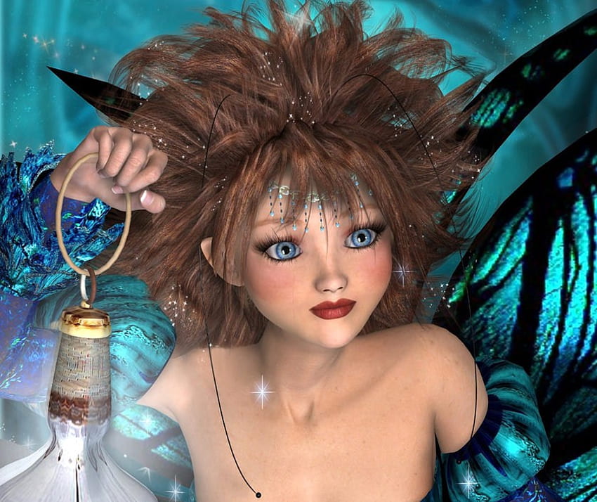 Little Blue Eyed Fae, faerie, lantern, blue eyes, tiny HD wallpaper