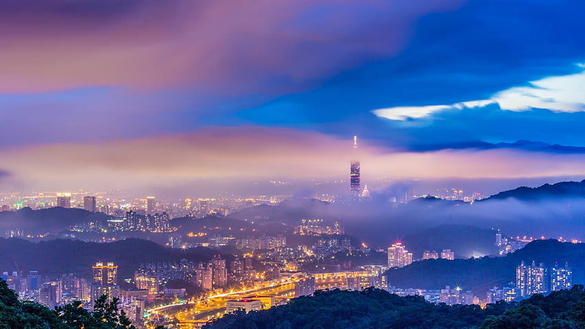 taipei taiwan in a fantastic fog at twilight, twilight, fog, city, lights, skyscraper HD wallpaper