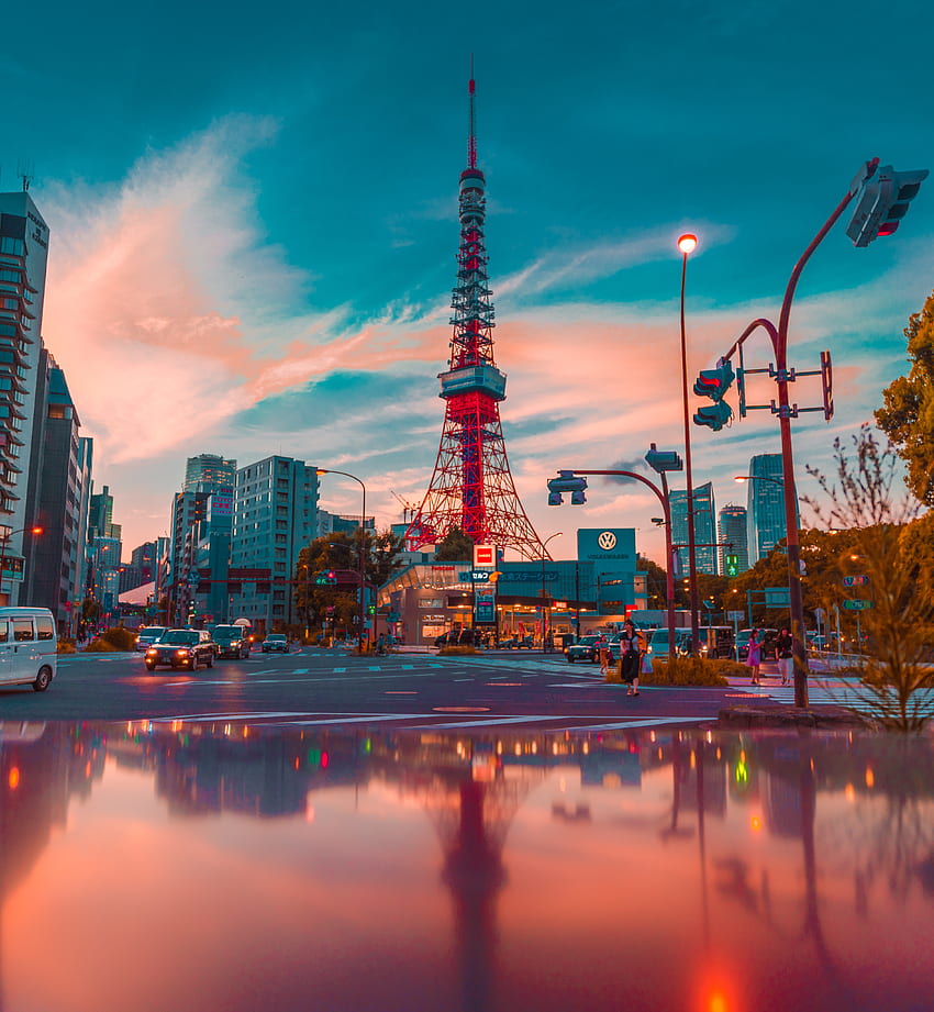 sun, red, pink, , japan, sunset light, puddle reflection, architecture, puddle, sky, reflection, architectural, street view, pink sky, PNG , tokyo, structure, blue, android , sunset, cyberpunk, Japan Android HD phone wallpaper