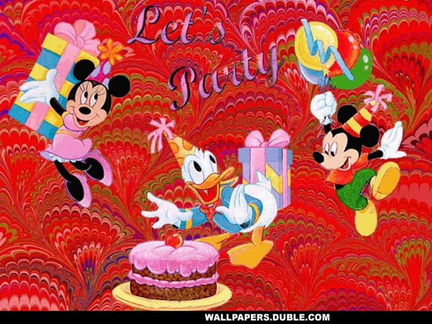 Let's Party, animations, cartoon, Mickey Mouse, disney, cake, animation, cartoons, red, walt disney, Donald Duck HD wallpaper
