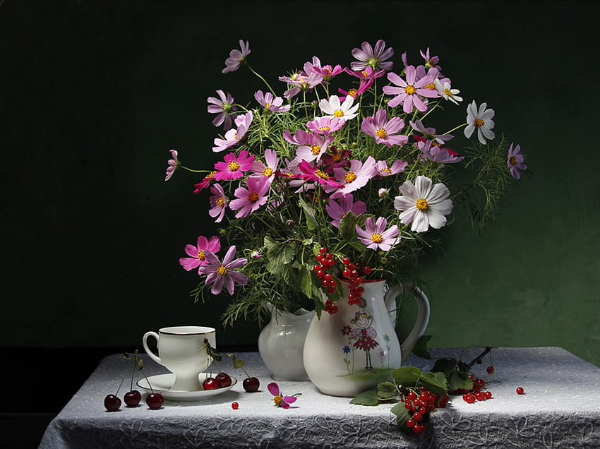 still life, bouquet, graphy, cherries, elegantly, kettle, beautiful, cup, nice, flower, cool, flowers, , harmony HD wallpaper