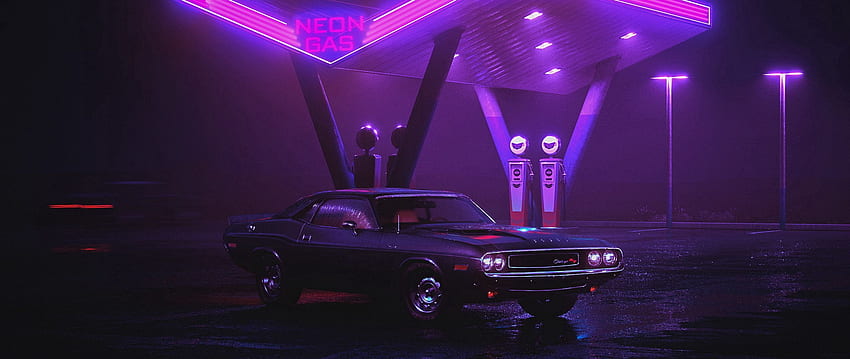 carro, velho, neon, reabastecimento, noite dupla, Car Dual Screen papel de parede HD