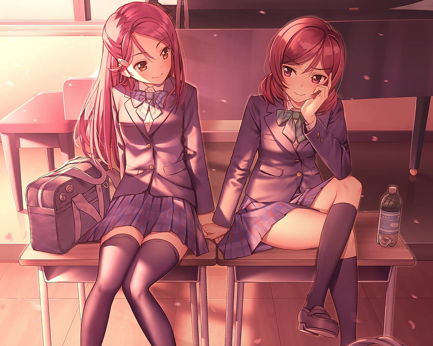Lexica - Two anime girls, school uniform, one red hair one blue hair