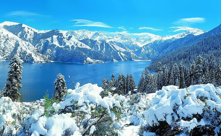 Heavenly lake of Tianshan, winter, China, snow, view, beautiful, lake, mountain HD wallpaper
