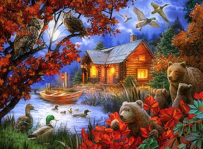 Moonlight Serenity, 곰, 다채로운, 가을 계절, 꿈속의 명소, , 올빼미, 오리, 사계절 사랑, 호수, 달빛, 동물, 보트, 오두막, 가을, 자연, 달 HD 월페이퍼