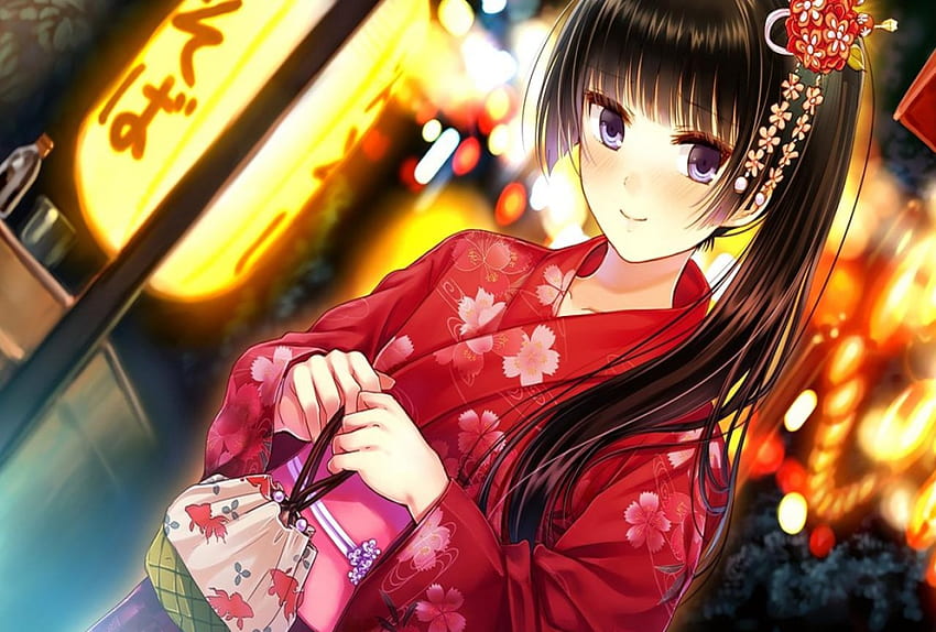 Kimono rouge, japonais, matsuri, kimono, japon, fille, cheveux longs, cg, jolie, fête, jeu Fond d'écran HD