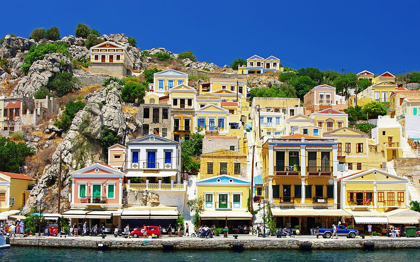 Grecia, mare, costa, persone, case, edifici, cielo, montagne, acqua Sfondo HD