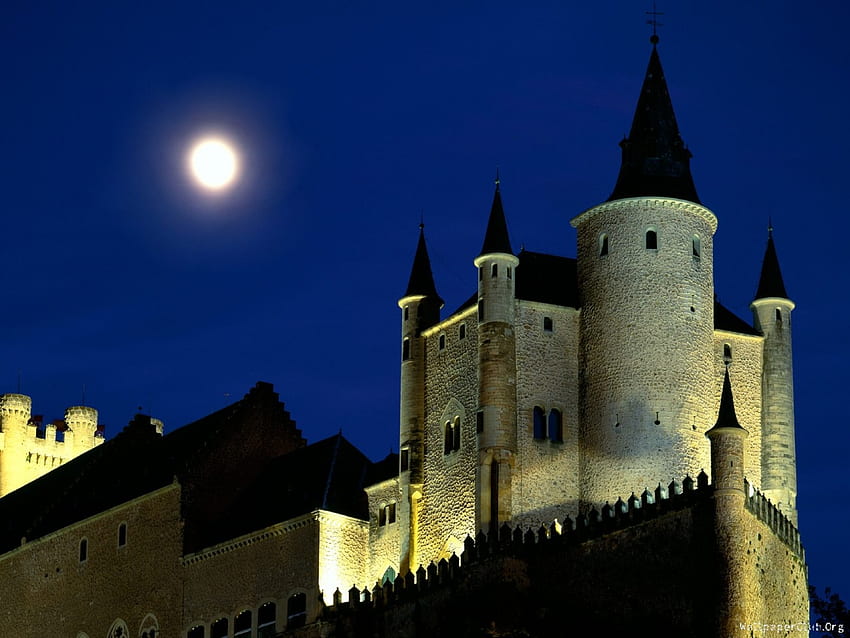 castle moon light, night, castle HD wallpaper