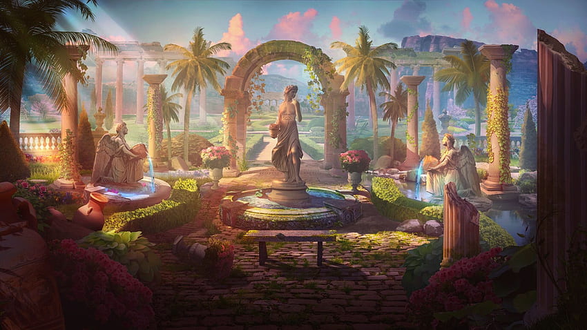Fantasy Art Statue Palm Trees Garden - Резолюция: HD тапет