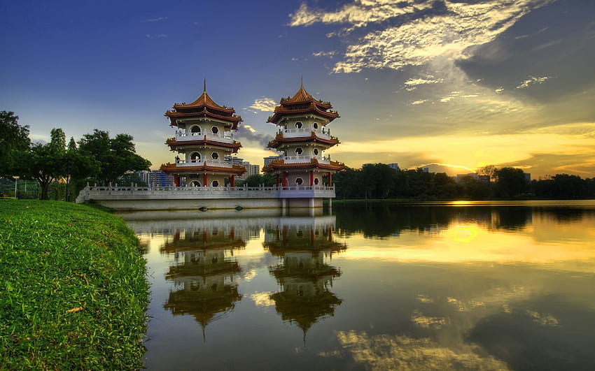 Natur, Architektur, See, Spiegelung, Ufer, Bank, Morgen, China, Gebäude HD-Hintergrundbild